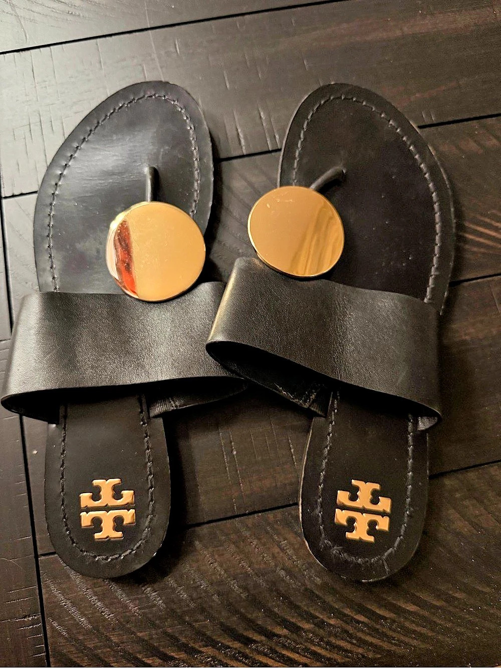 Tory Burch Miller Metal Round Thong Sandal Black & Gold US 7 M